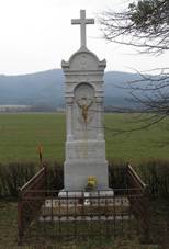 Kamenn k, na dvoustupov zkladn je hranol, kter m vpedu pilastry a mezi nimi relif ukiovanho Krista, nahoe na obloukov mse stoj k. Pomnk je obklopen kovovm zbradlm a umstn na kraji pole pod stromem.